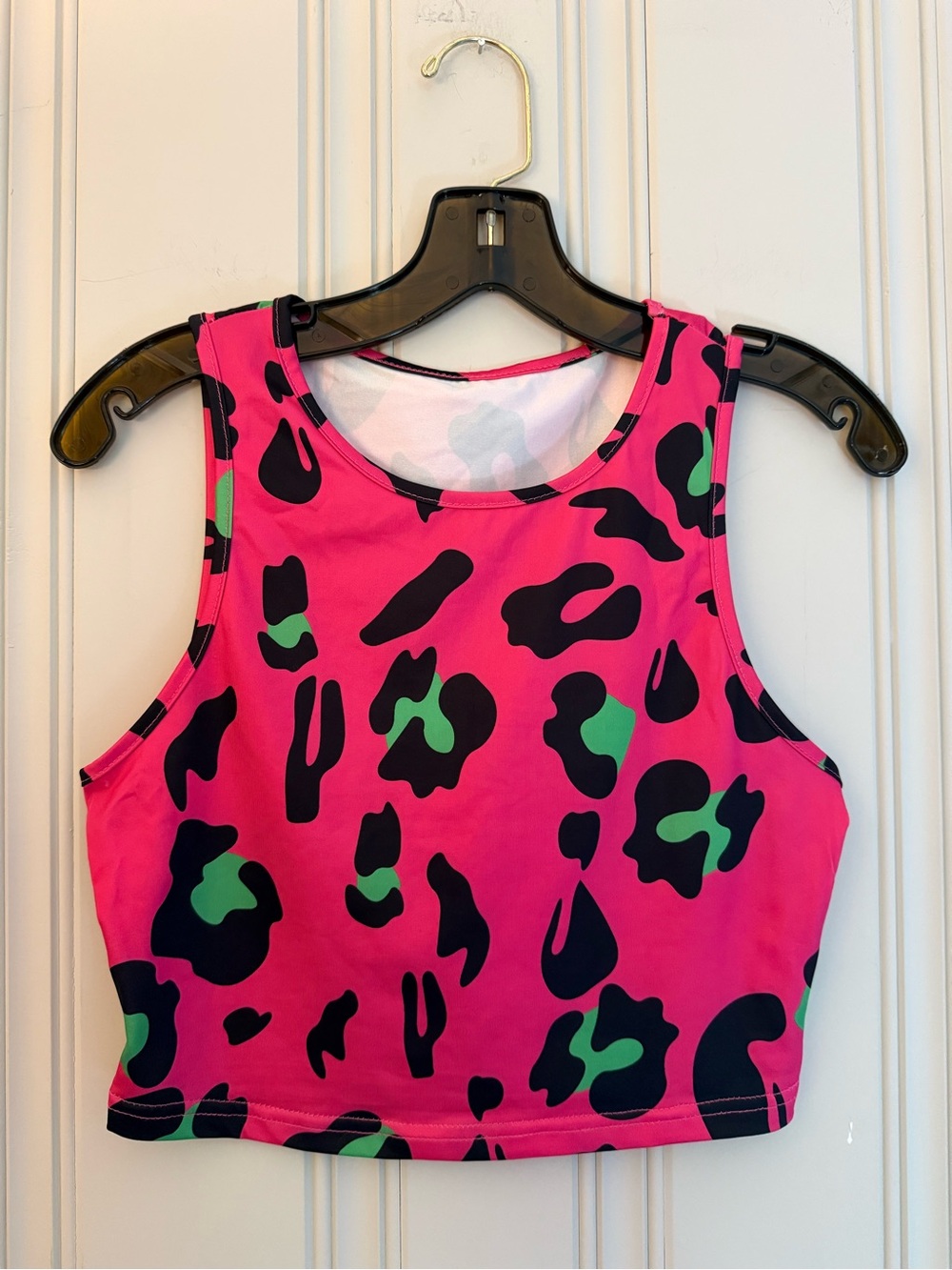 Pink Leopard Print Crop Tank Top with Green Accents